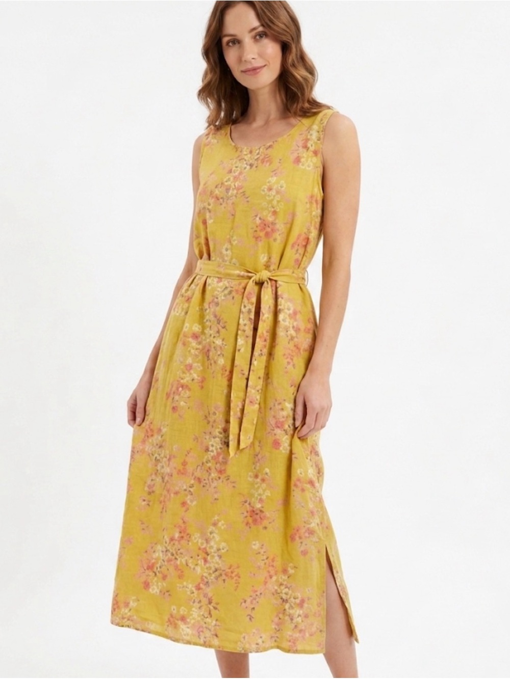 100% Linen Made in Italy Sleeveless Floral Tie-Waist Midi Dress in Yellow